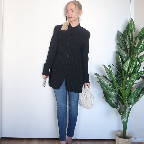 DKNY Long Pinstipe Stand Collar Career Suit Blazer - Picture 11 of 16